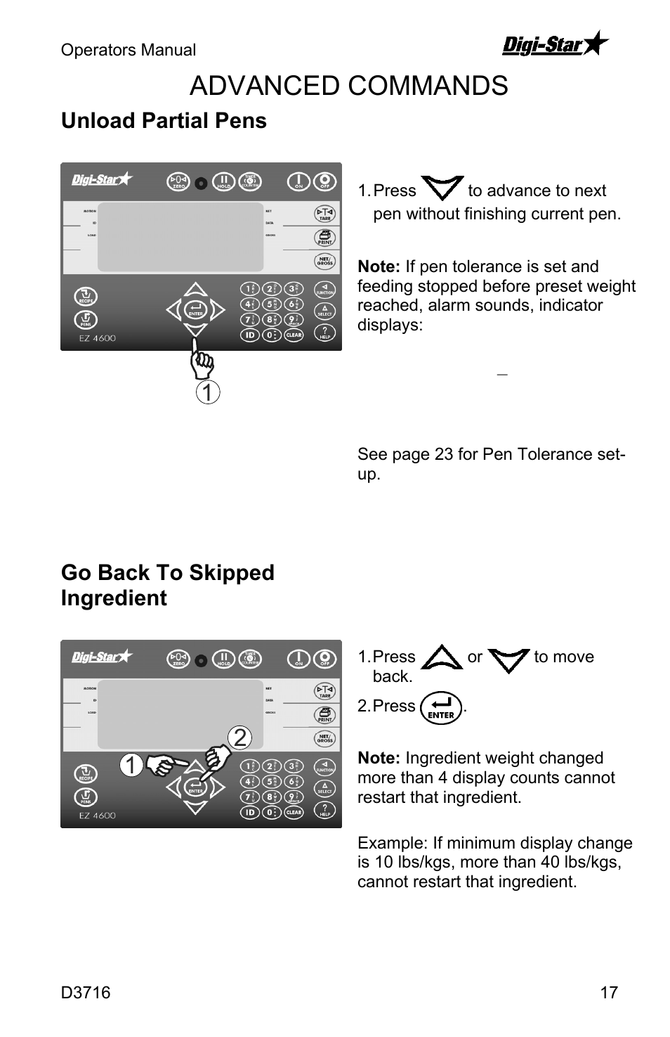 Advanced commands, Unload partial pens, Go back to skipped ingredient | Digi-Star EZ4600 User Manual | Page 17 / 35