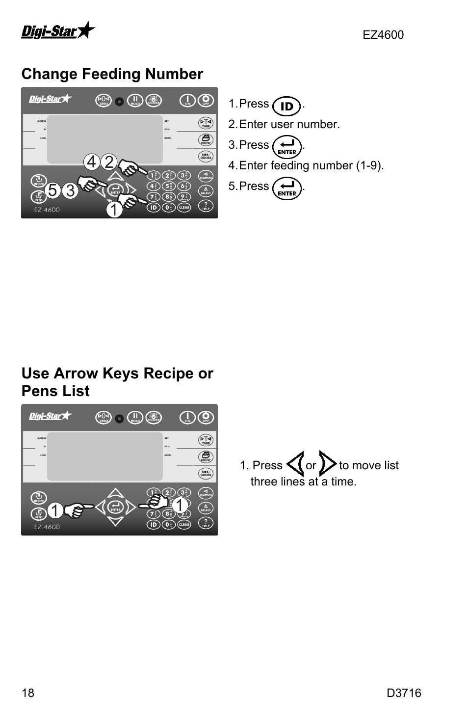 Change feeding number, Use arrow keys recipe or pens list | Digi-Star EZ4600 User Manual | Page 18 / 35