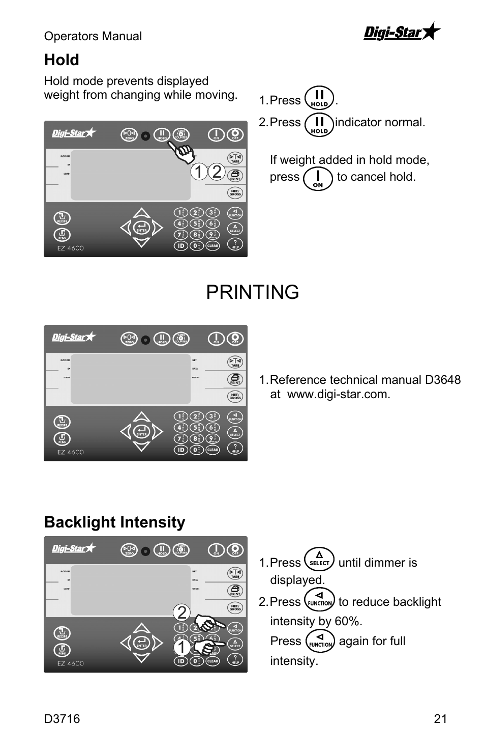 Printing, Hold, Backlight intensity | Digi-Star EZ4600 User Manual | Page 21 / 35