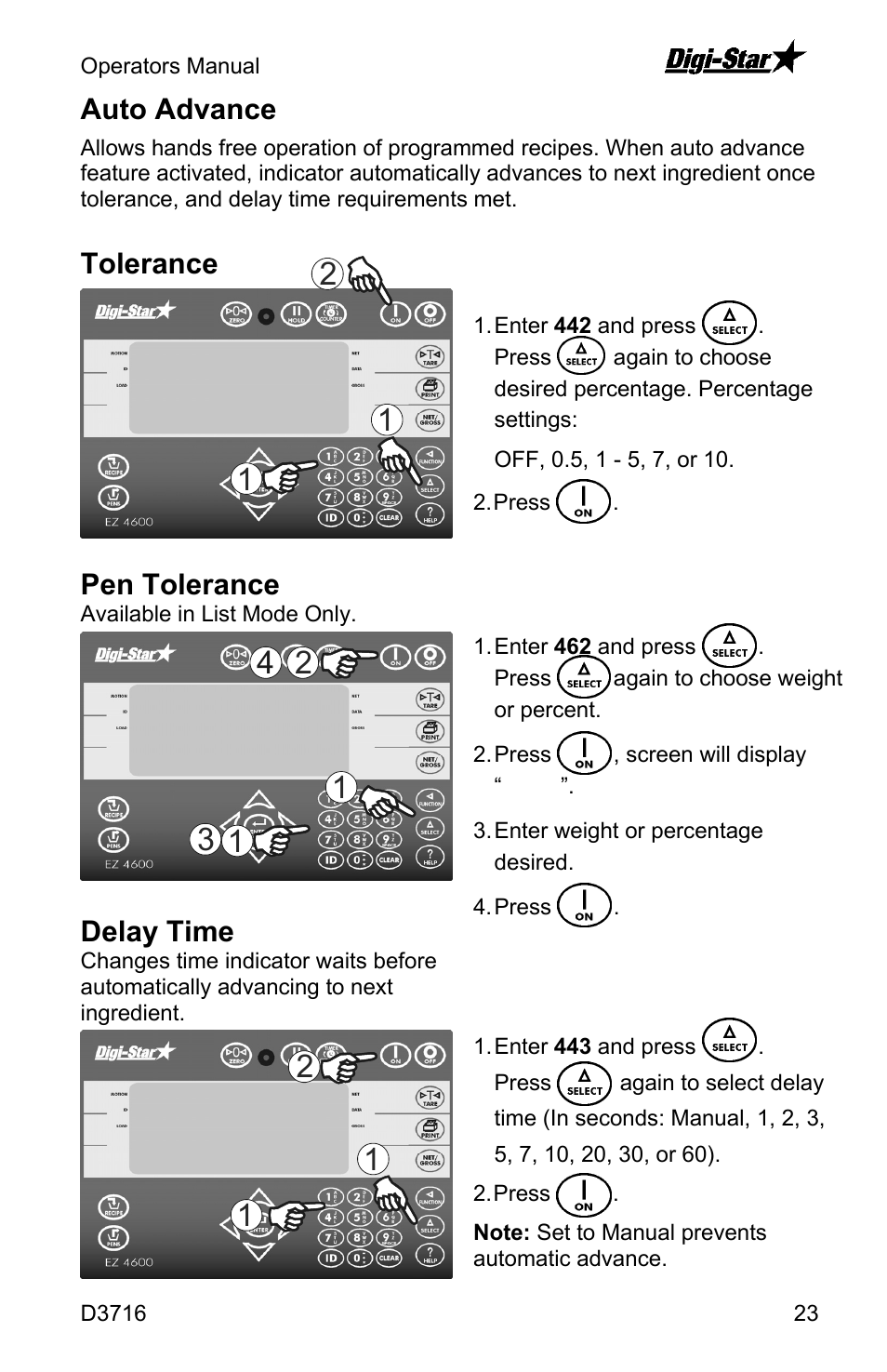 Auto advance, Tolerance, Pen tolerance | Delay time | Digi-Star EZ4600 User Manual | Page 23 / 35