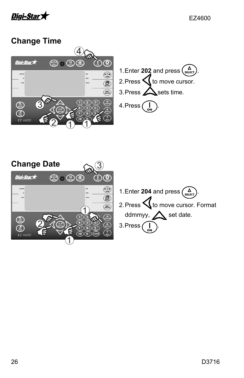 Change time, Change date | Digi-Star EZ4600 User Manual | Page 26 / 35