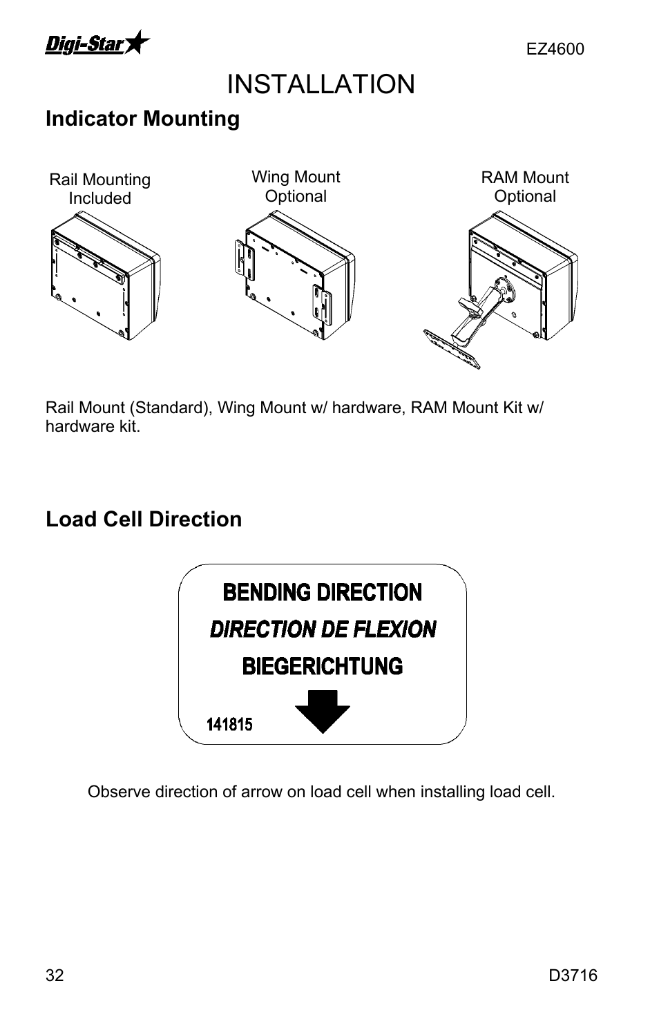 Installation, Indicator mounting, Load cell direction | Digi-Star EZ4600 User Manual | Page 32 / 35