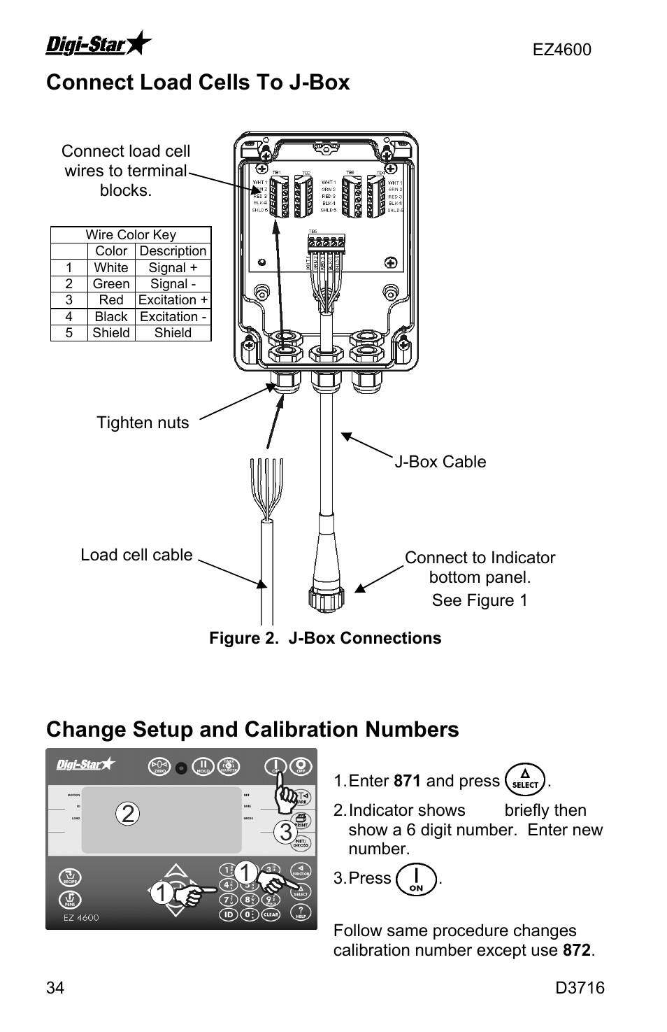 Connect load cells to j-box, Change setup and calibration numbers | Digi-Star EZ4600 User Manual | Page 34 / 35