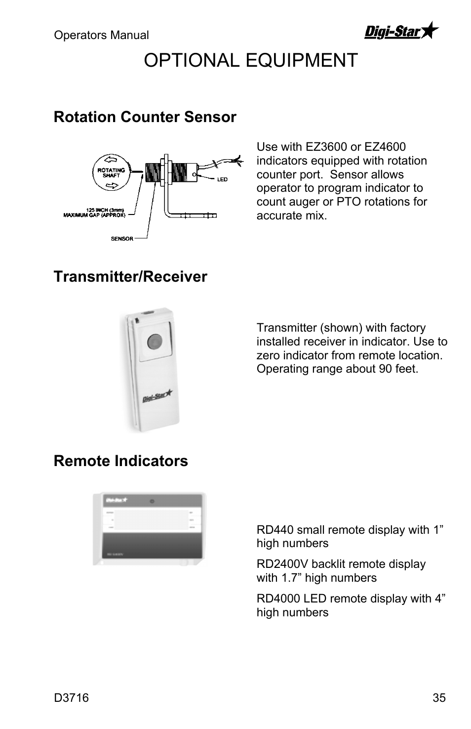 Optional equipment, Rotation counter sensor, Transmitter/receiver | Remote indicators | Digi-Star EZ4600 User Manual | Page 35 / 35