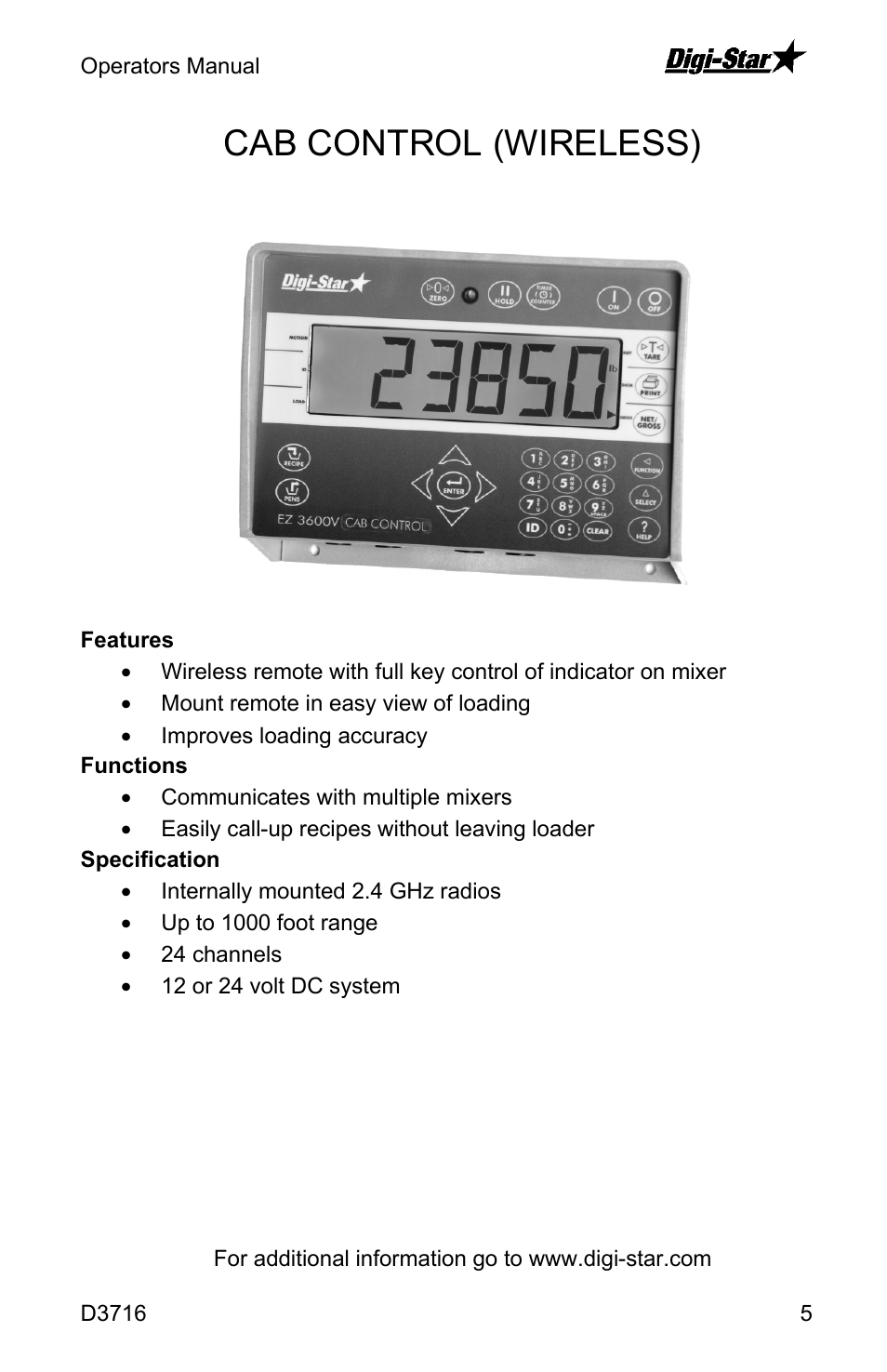 Cab control (wireless) | Digi-Star EZ4600 User Manual | Page 5 / 35