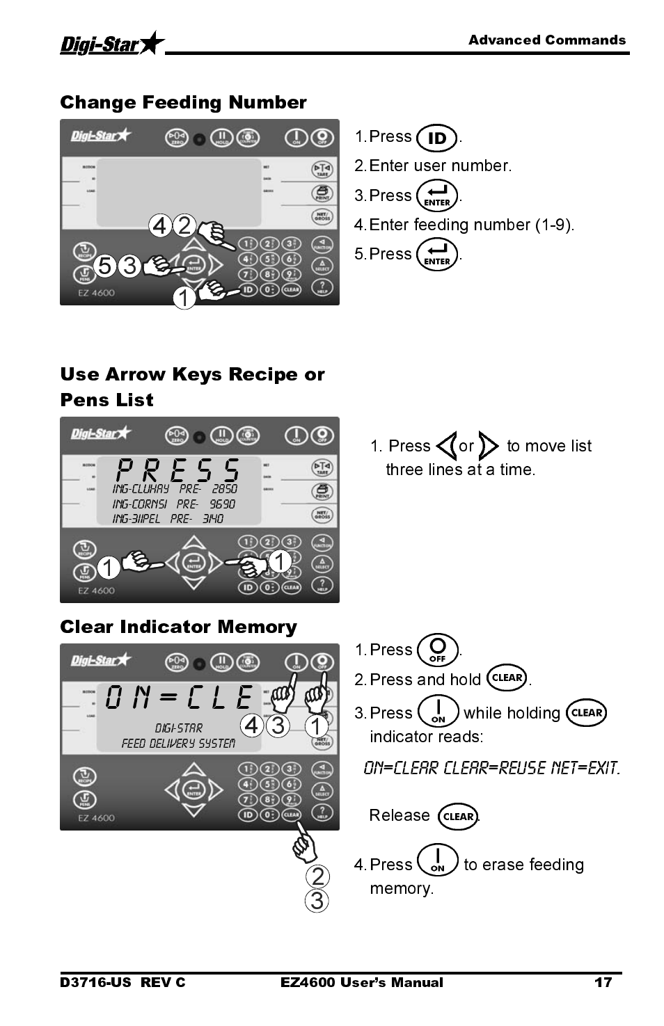 O n = c l e, Change feeding number, Use arrow keys recipe or pens list | Digi-Star EZ4600 User Manual | Page 21 / 51