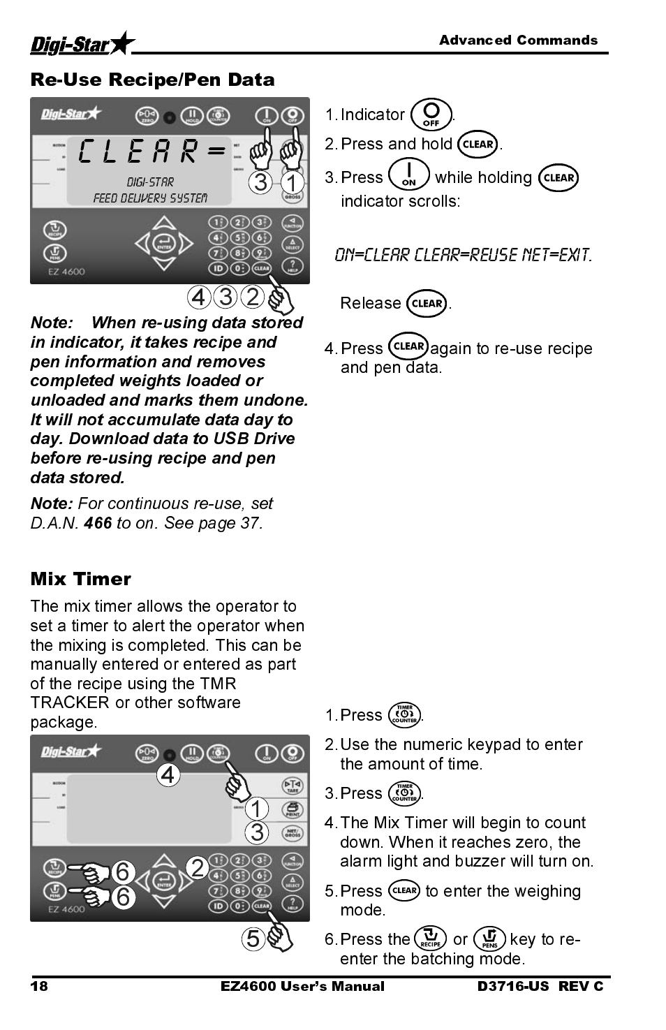 Re-use recipe/pen data, Mix timer | Digi-Star EZ4600 User Manual | Page 22 / 51