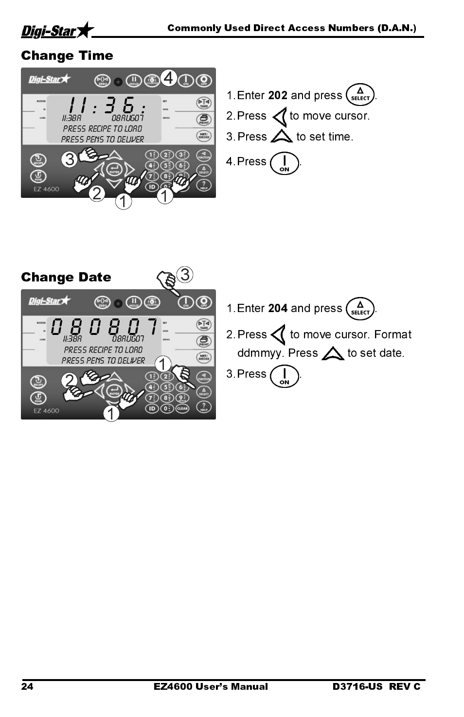 I i : 3 6, Change time, Change date | Digi-Star EZ4600 User Manual | Page 28 / 51