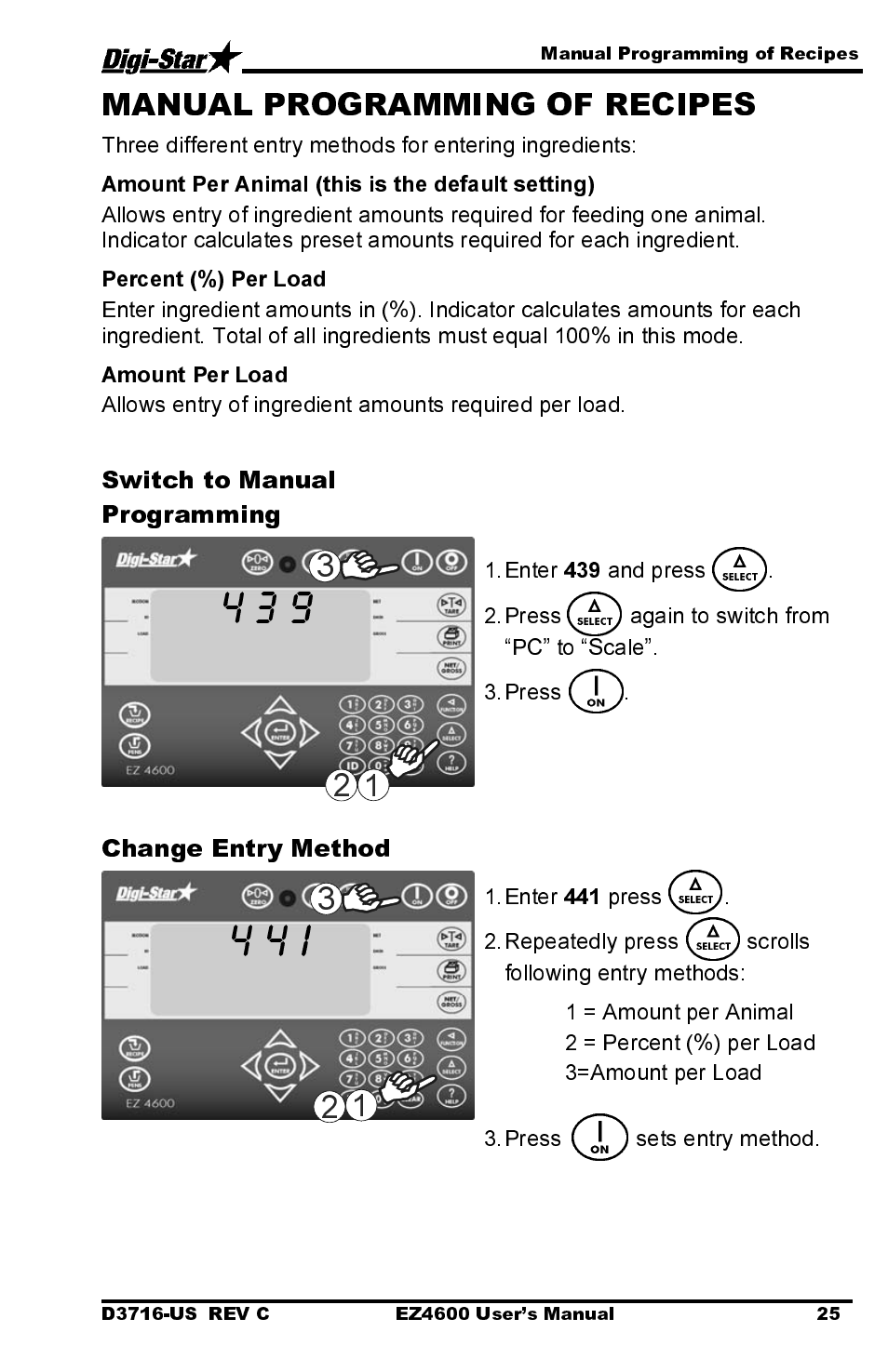 4 4 i, Switch to manual programming, Change entry method | Digi-Star EZ4600 User Manual | Page 29 / 51