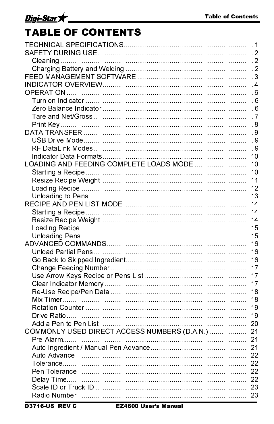 Technical specifications, Safety during use, Cleaning | Charging battery and welding, Feed management software, Indicator overview, Operation, Turn on indicator, Zero balance indicator, Tare and net/gross | Digi-Star EZ4600 User Manual | Page 3 / 51