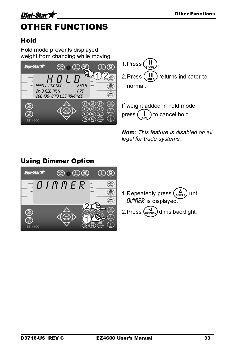 H o l d, Hold, Using dimmer option | Digi-Star EZ4600 User Manual | Page 37 / 51