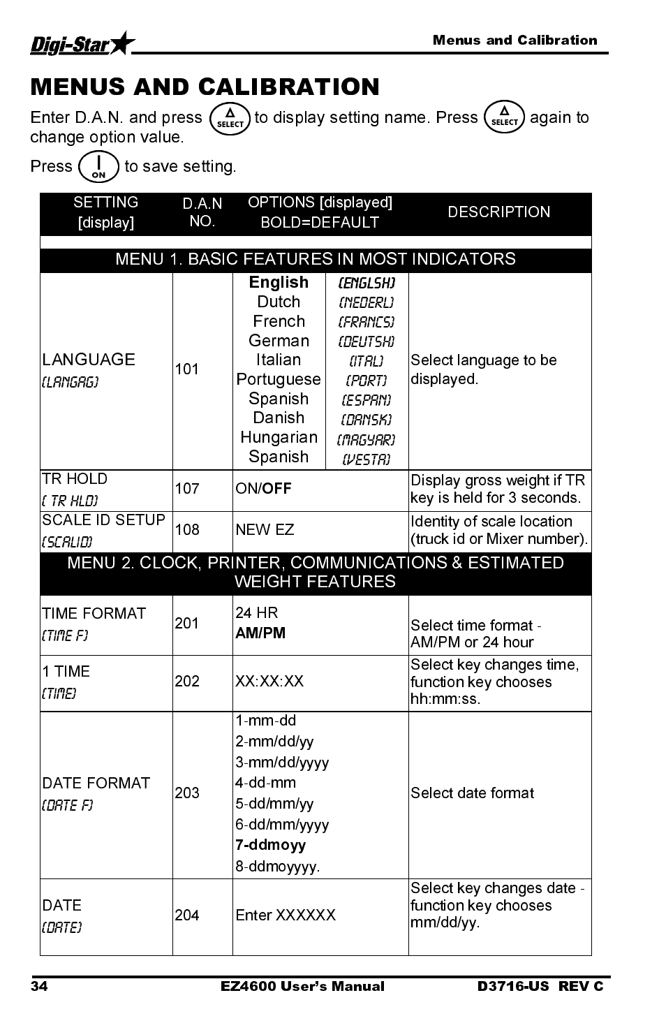 Menu 1. basic features in most indicators language, Menus and calibration, Am/pm | Ddmoyy | Digi-Star EZ4600 User Manual | Page 38 / 51