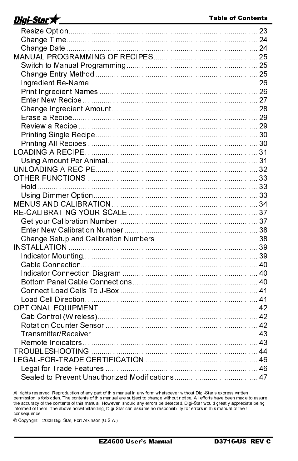 Resize option, Change time, Change date | Manual programming of recipes, Switch to manual programming, Change entry method, Ingredient re-name, Print ingredient names, Enter new recipe, Change ingredient amount | Digi-Star EZ4600 User Manual | Page 4 / 51