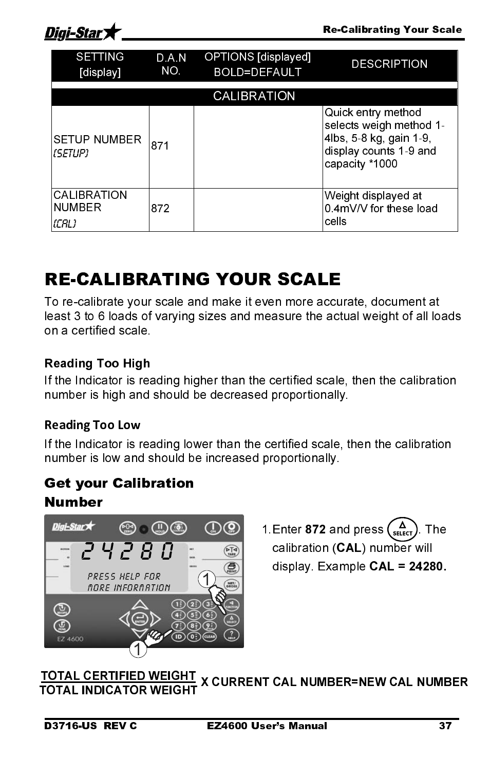 Get your calibration number, Calibration, Enter | And press . the calibration, Number will display. example | Digi-Star EZ4600 User Manual | Page 41 / 51