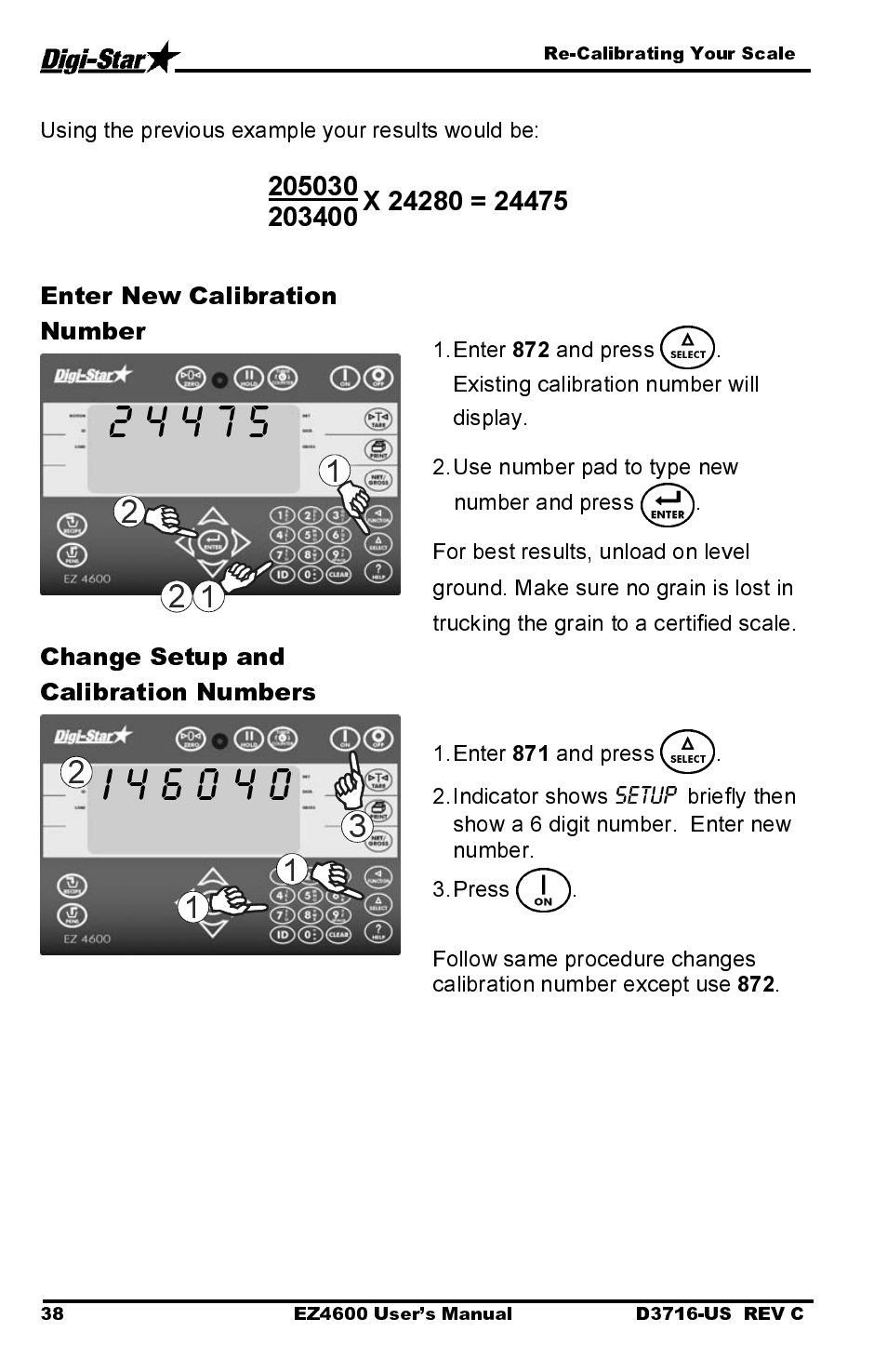 Enter new calibration number, Change setup and calibration numbers | Digi-Star EZ4600 User Manual | Page 42 / 51
