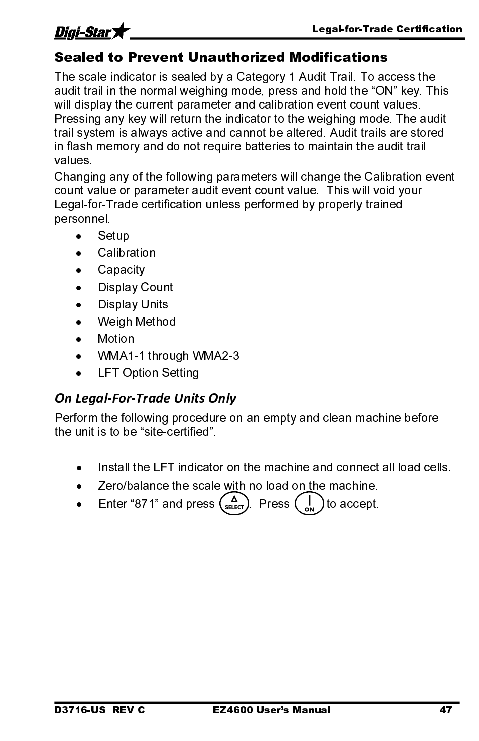 Setup, Calibration, Capacity | Display count, Display units, Weigh method, Motion, Wma1-1 through wma2-3, Lft option setting, Zero/balance the scale with no load on the machine | Digi-Star EZ4600 User Manual | Page 51 / 51