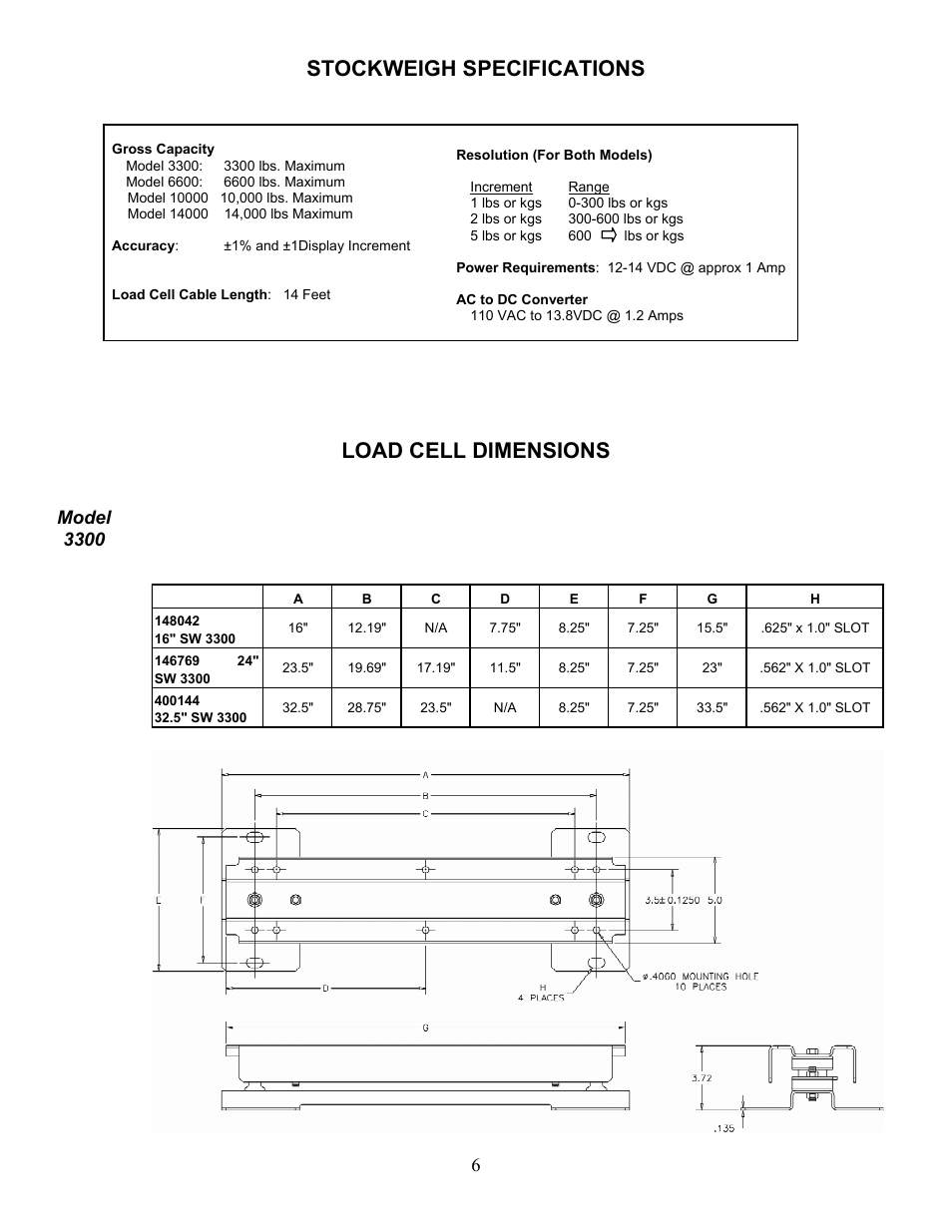 Stockweigh specifications, Load cell dimensions, Model 3300 | Digi-Star SW3300 User Manual | Page 7 / 24