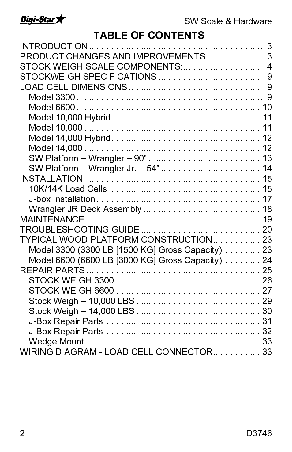 Introduction, Product changes and improvements, Stock weigh scale components | Stockweigh specifications, Load cell dimensions, Model 3300, Model 6600, Sw platform – wrangler – 90, Sw platform – wrangler jr. – 54, Installation | Digi-Star SW3300 User Manual | Page 2 / 33