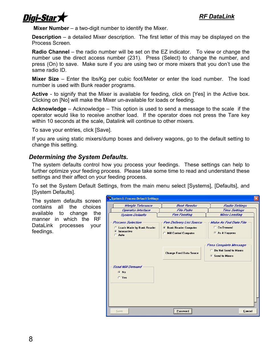 Rf datalink, Determining the system defaults | Digi-Star DataLink User Manual | Page 12 / 39