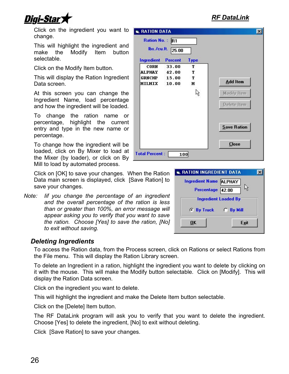 Rf datalink, Deleting ingredients | Digi-Star DataLink User Manual | Page 30 / 39