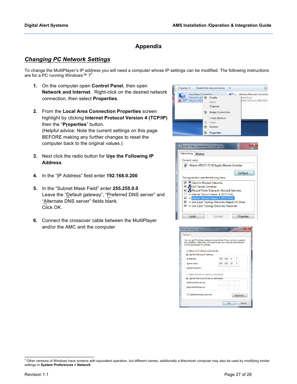 Appendix, Changing pc network settings | Digital Alert Systems DASAMS User Manual | Page 27 / 28