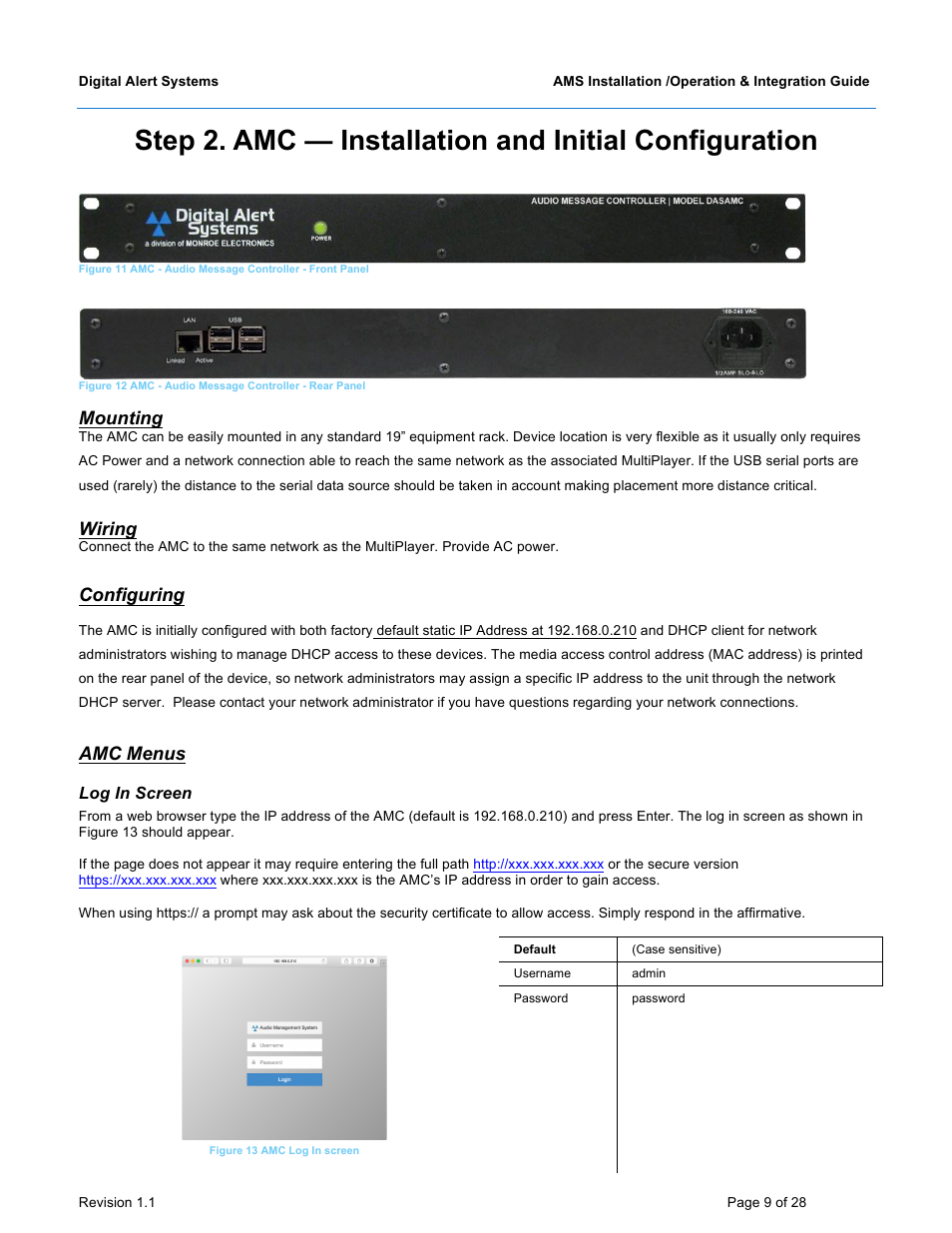 Mounting, Wiring, Configuring | Amc menus | Digital Alert Systems DASAMS User Manual | Page 9 / 28