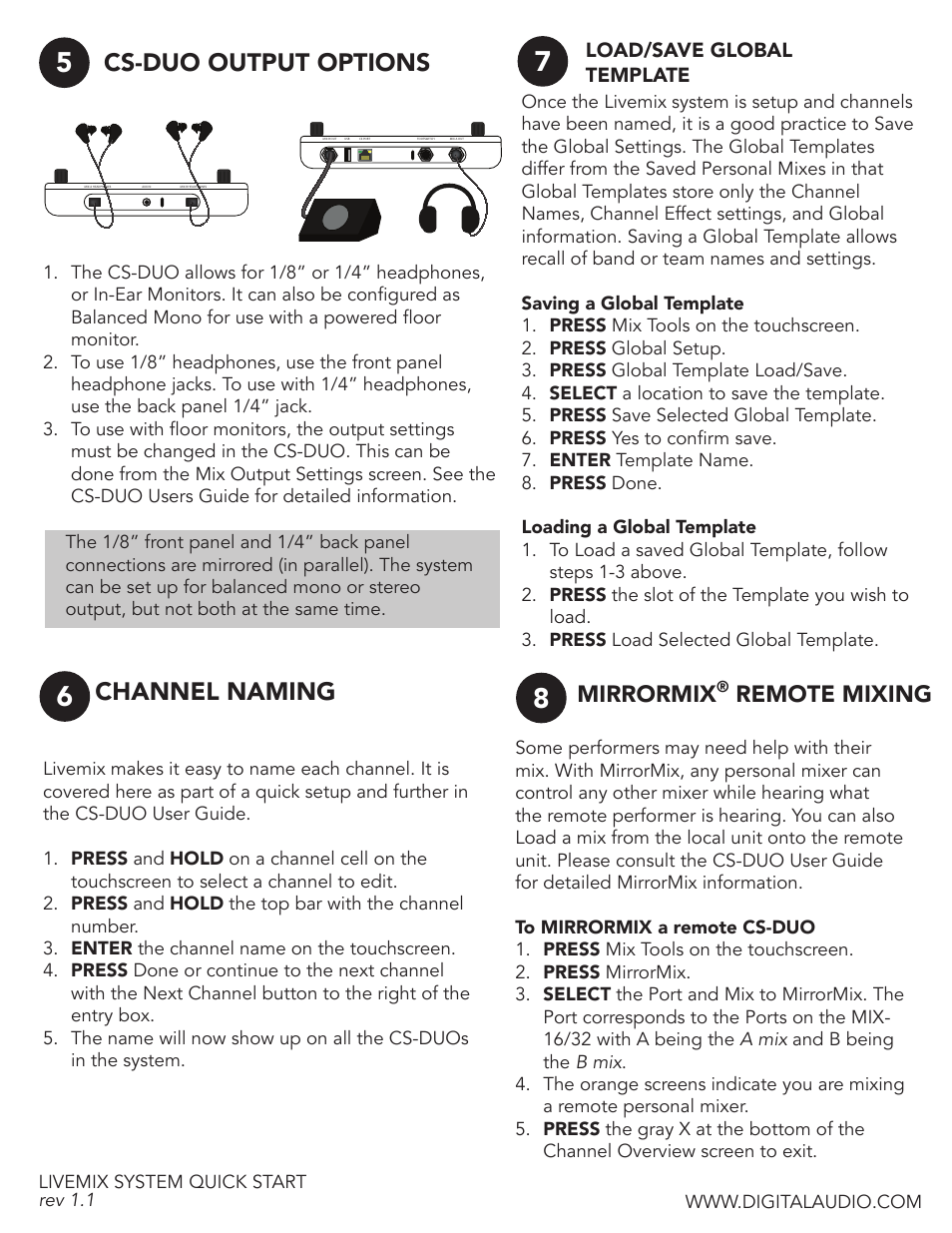 Cs-duo output options, Channel naming, Mirrormix | Remote mixing, Load/save global template | Digital Audio Labs Livemix System Quick Start Guide User Manual | Page 2 / 2