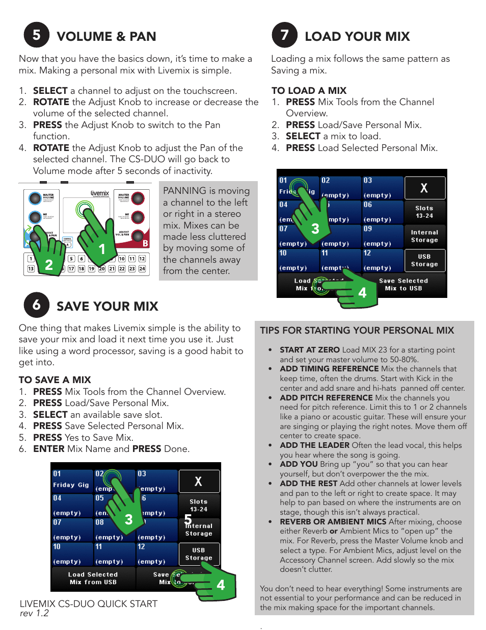Volume & pan, Save your mix, Load your mix | Digital Audio Labs Livemix CS-DUO Personal Mixer Quick Start Guide User Manual | Page 2 / 2