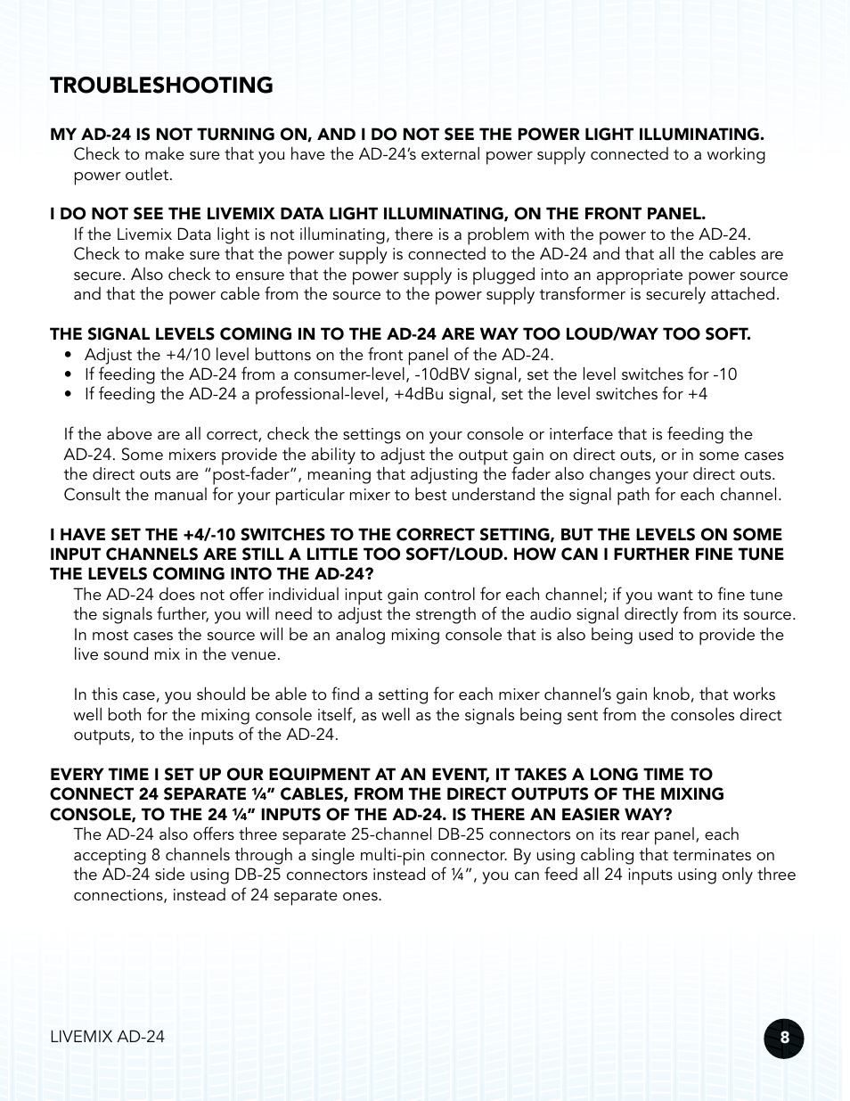 Troubleshooting | Digital Audio Labs Livemix AD-24 Analog Input Unit User Manual | Page 11 / 15