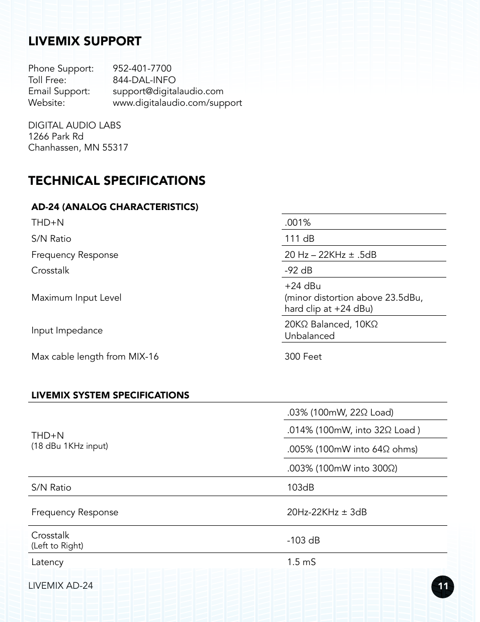 Livemix support, Technical specifications | Digital Audio Labs Livemix AD-24 Analog Input Unit User Manual | Page 14 / 15