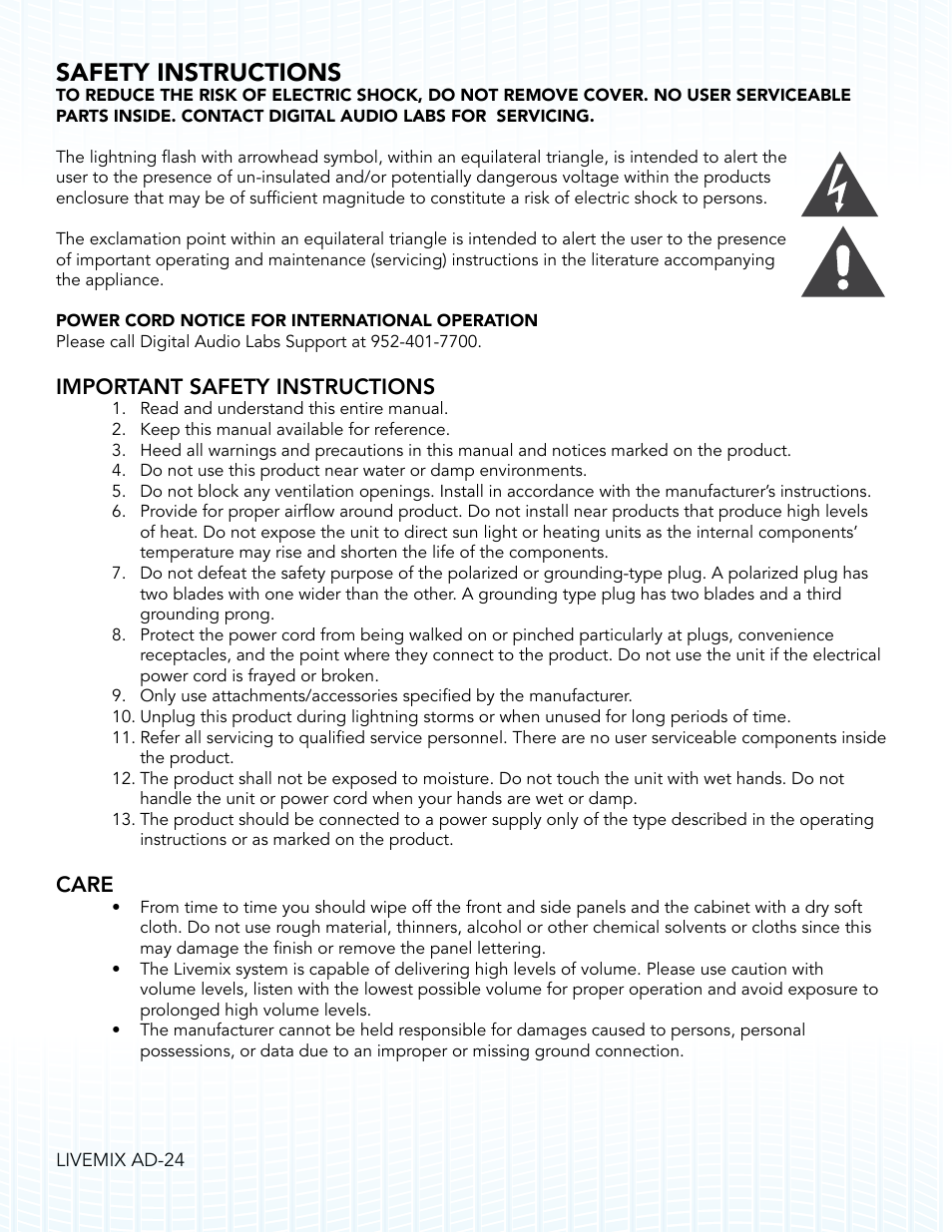 Safety instructions, Important safety instructions, Care | Digital Audio Labs Livemix AD-24 Analog Input Unit User Manual | Page 2 / 15
