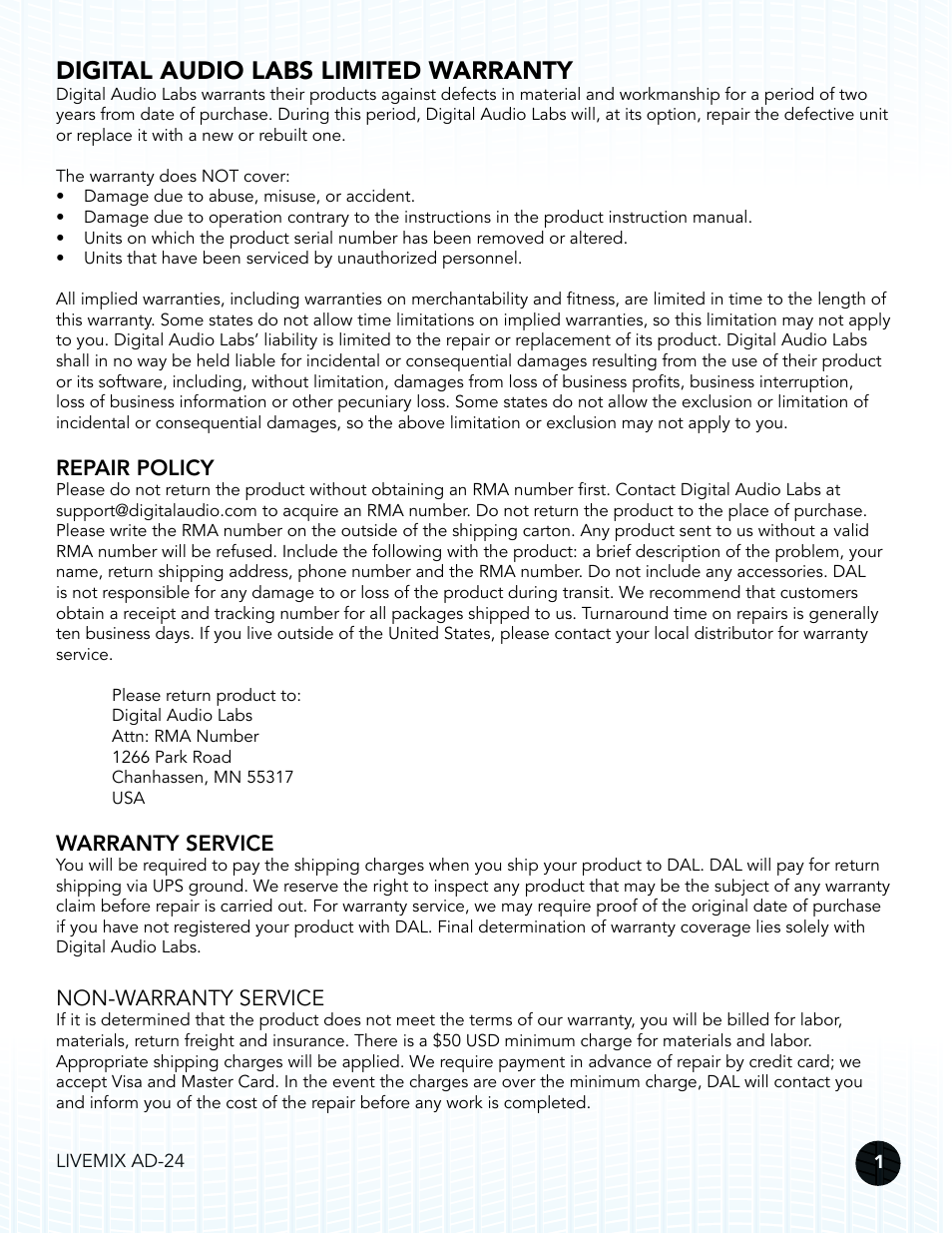 Digital audio labs limited warranty, Repair policy, Warranty service | Non-warranty service | Digital Audio Labs Livemix AD-24 Analog Input Unit User Manual | Page 4 / 15