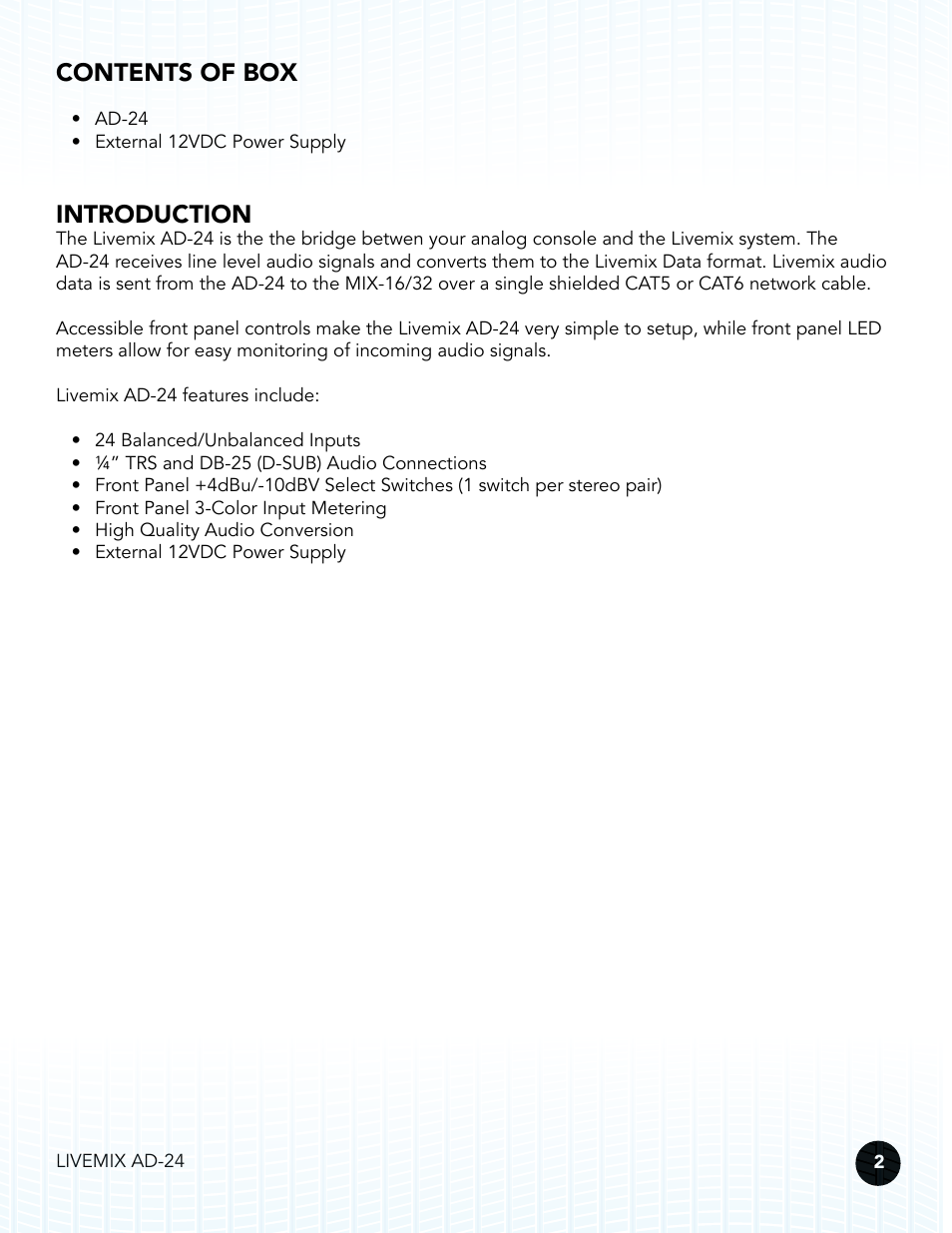 Contents of box, Introduction | Digital Audio Labs Livemix AD-24 Analog Input Unit User Manual | Page 5 / 15
