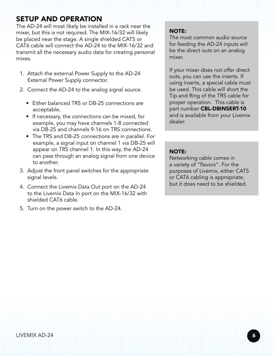 Setup and operation | Digital Audio Labs Livemix AD-24 Analog Input Unit User Manual | Page 9 / 15