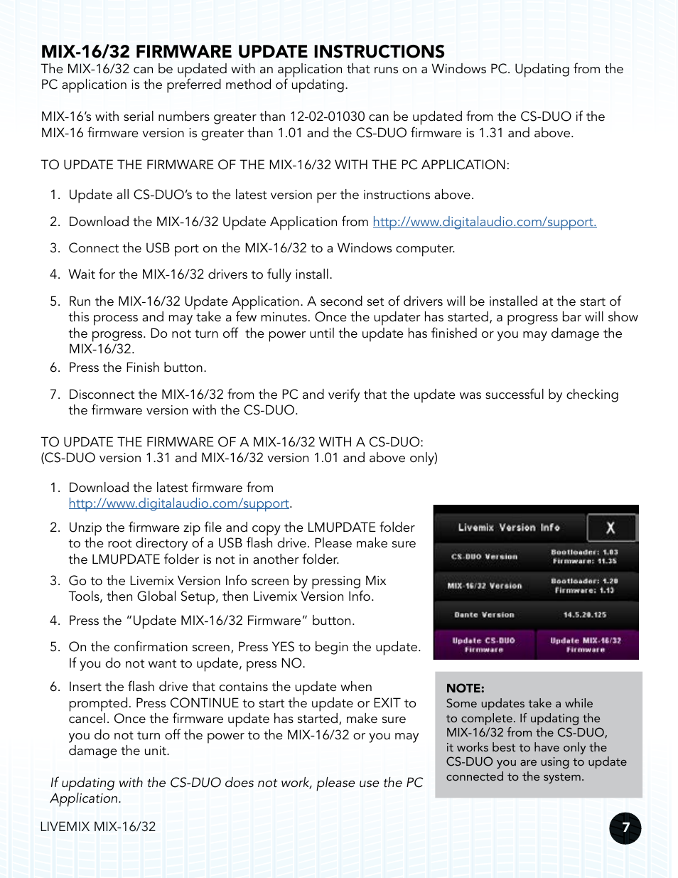 Mix-16 firmware update instructions, Mix-16/32 firmware update instructions | Digital Audio Labs Livemix MIX-16/32 Central Mixer User Manual | Page 10 / 15