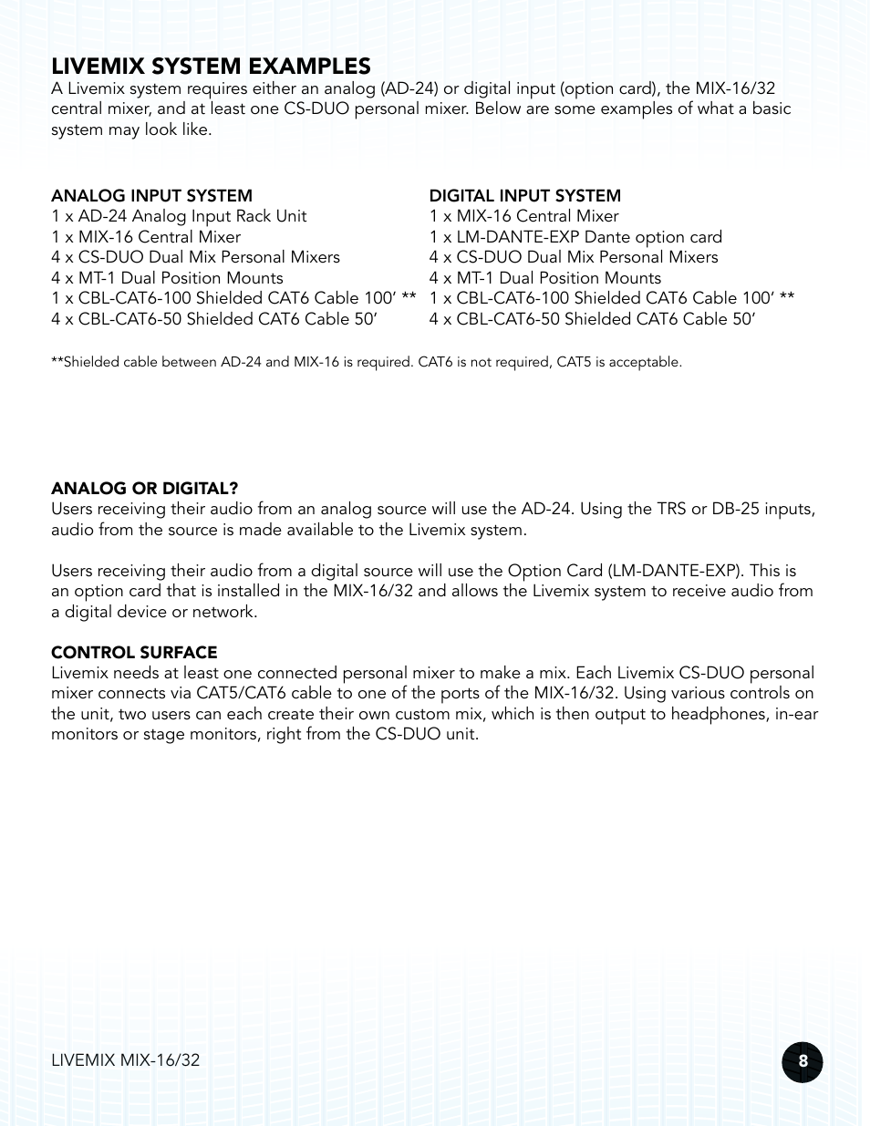 Livemix system examples | Digital Audio Labs Livemix MIX-16/32 Central Mixer User Manual | Page 11 / 15