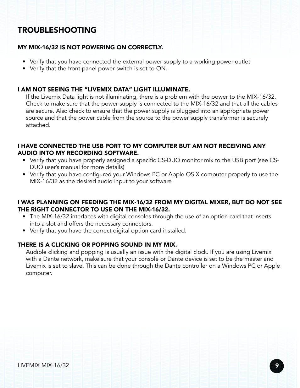 Troubleshooting | Digital Audio Labs Livemix MIX-16/32 Central Mixer User Manual | Page 12 / 15