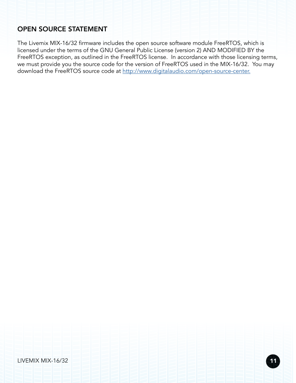 Open source statement | Digital Audio Labs Livemix MIX-16/32 Central Mixer User Manual | Page 14 / 15