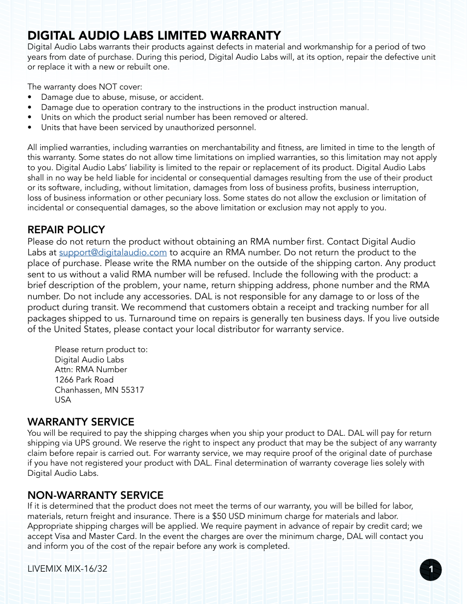 Digital audio labs limited warranty, Repair policy, Warranty service | Non-warranty service | Digital Audio Labs Livemix MIX-16/32 Central Mixer User Manual | Page 4 / 15