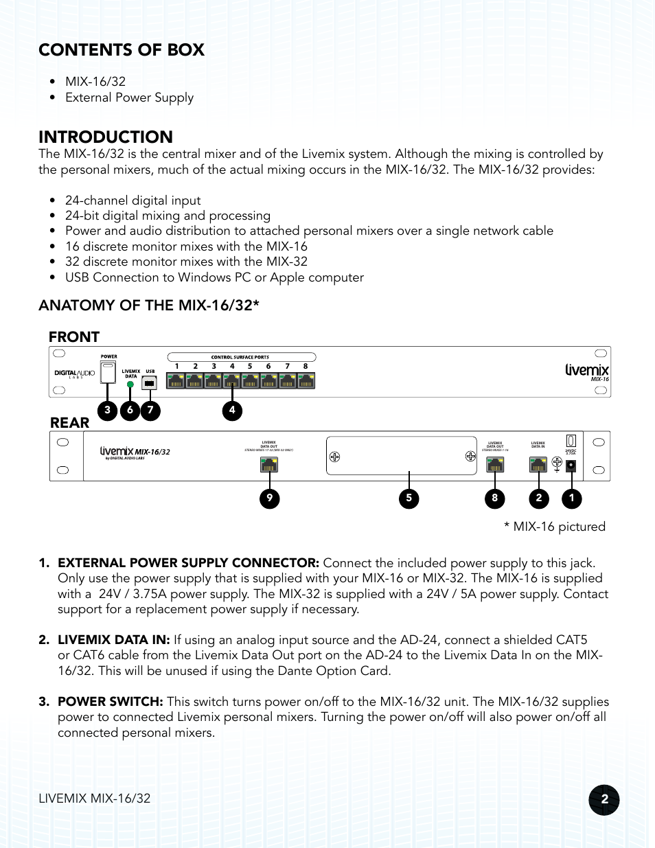 Contents of box, Introduction, Anatomy of the mix-16 | Anatomy of the mix-16/32, Front rear anatomy of the mix-16/32, Mix-16/32 • external power supply | Digital Audio Labs Livemix MIX-16/32 Central Mixer User Manual | Page 5 / 15