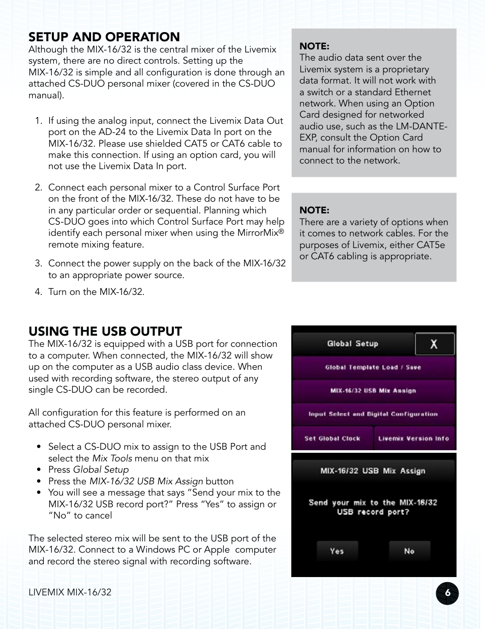 Setup and operation, Using the usb output | Digital Audio Labs Livemix MIX-16/32 Central Mixer User Manual | Page 9 / 15