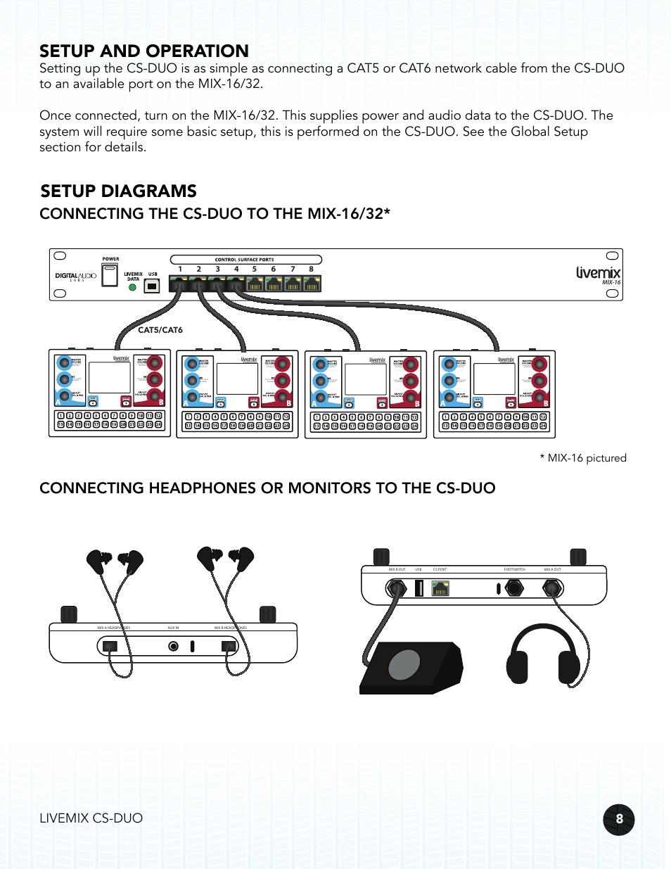 Setup and operation, Setup diagrams, Connecting the cs-duo to the mix-16/32 | Connecting headphones or monitors to the cs-duo, Livemix cs-duo 8, Mix-16 pictured, Mix-16, Cat5/cat6 | Digital Audio Labs Livemix CS-DUO Personal Mixer User Guide User Manual | Page 10 / 51