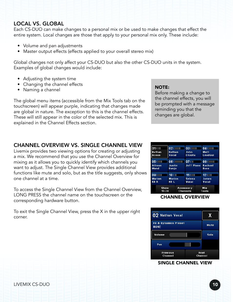 Local vs. global, Channel overview vs. single channel view | Digital Audio Labs Livemix CS-DUO Personal Mixer User Guide User Manual | Page 12 / 51