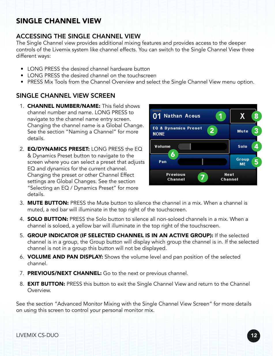 Single channel view, Accessing the single channel view, Single channel view screen | Digital Audio Labs Livemix CS-DUO Personal Mixer User Guide User Manual | Page 14 / 51