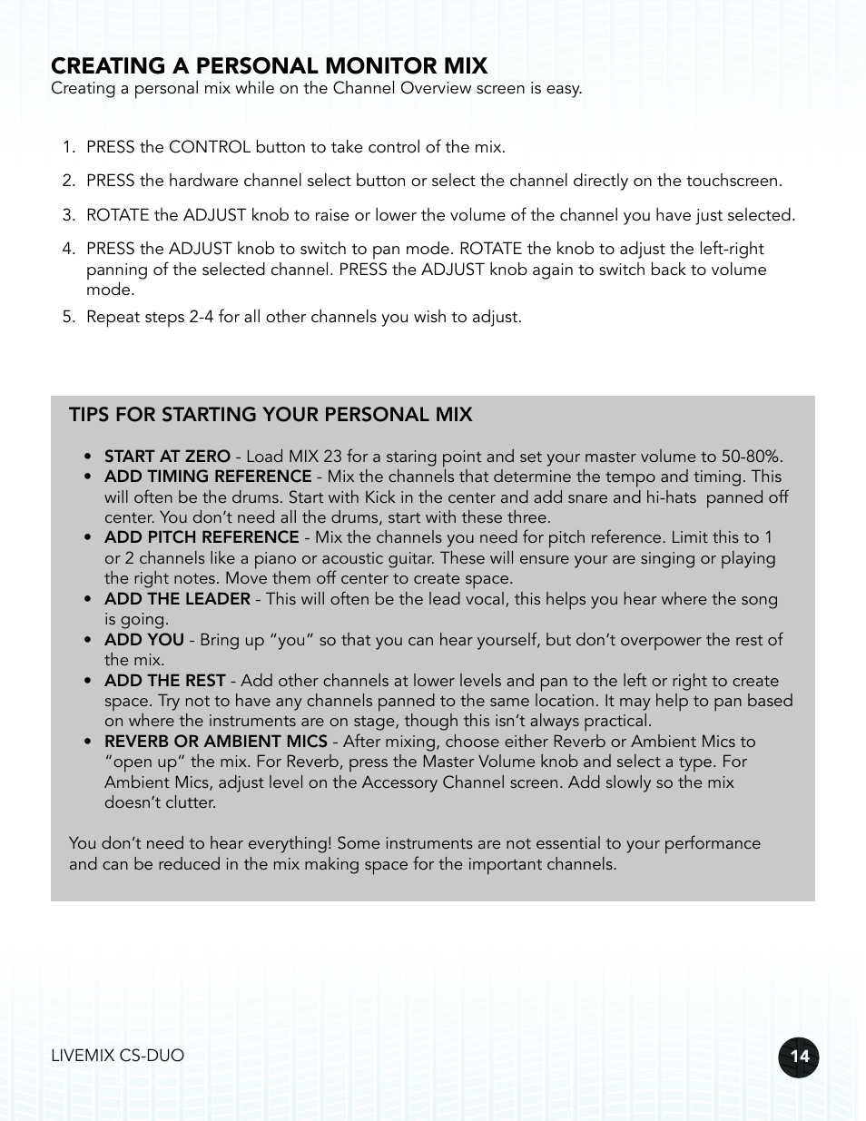 Creating a personal monitor mix, Tips for starting your personal mix | Digital Audio Labs Livemix CS-DUO Personal Mixer User Guide User Manual | Page 16 / 51