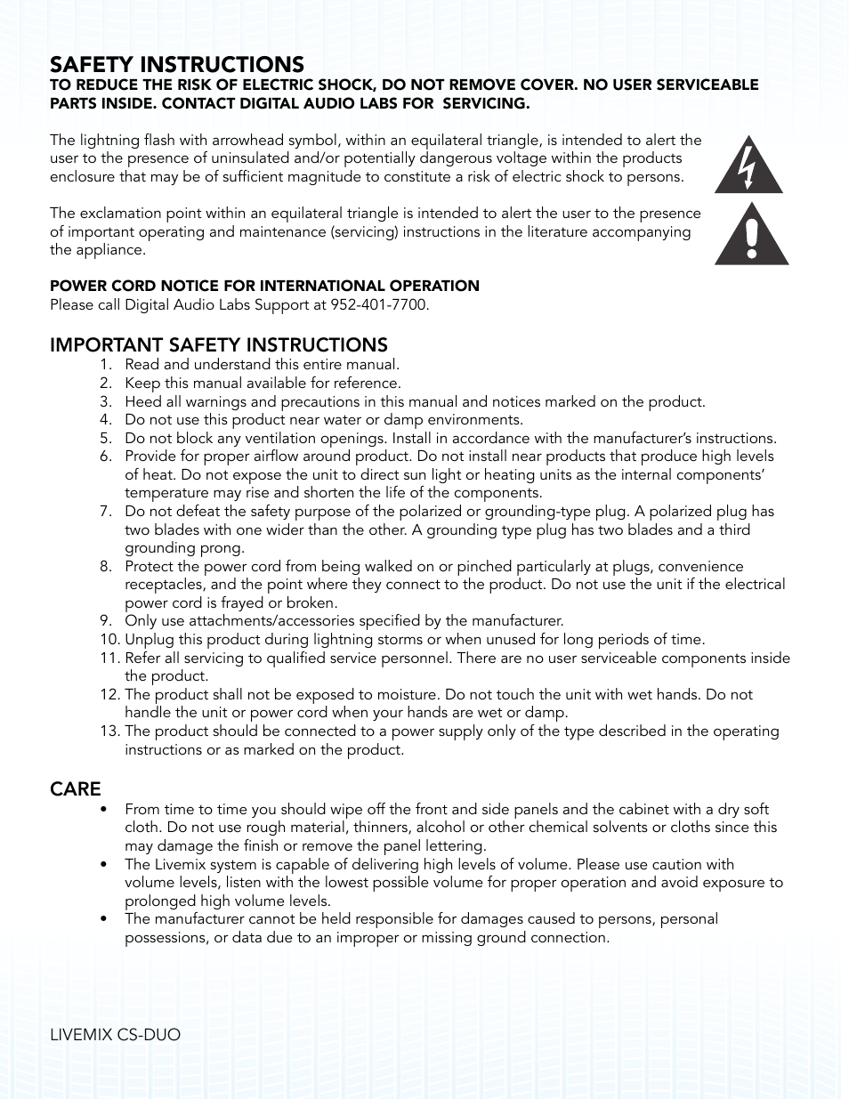 Safety instructions, Important safety instructions, Care | Digital Audio Labs Livemix CS-DUO Personal Mixer User Guide User Manual | Page 2 / 51