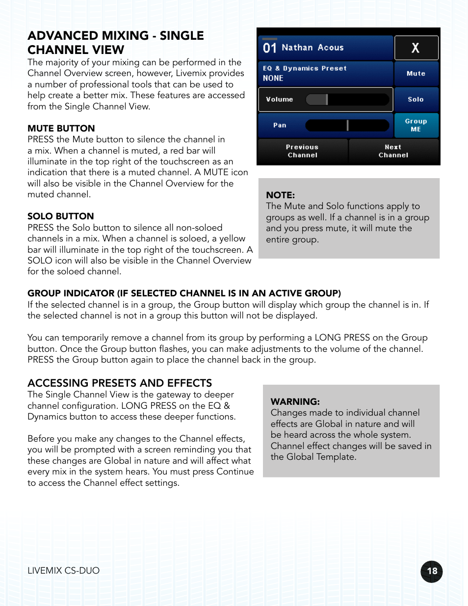 Advanced mixing - single channel view, Accessing presets and effects | Digital Audio Labs Livemix CS-DUO Personal Mixer User Guide User Manual | Page 20 / 51