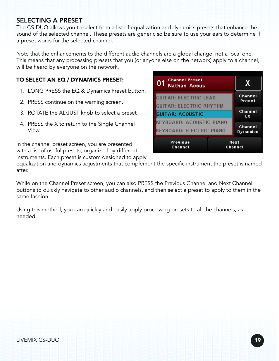 Selecting a preset | Digital Audio Labs Livemix CS-DUO Personal Mixer User Guide User Manual | Page 21 / 51