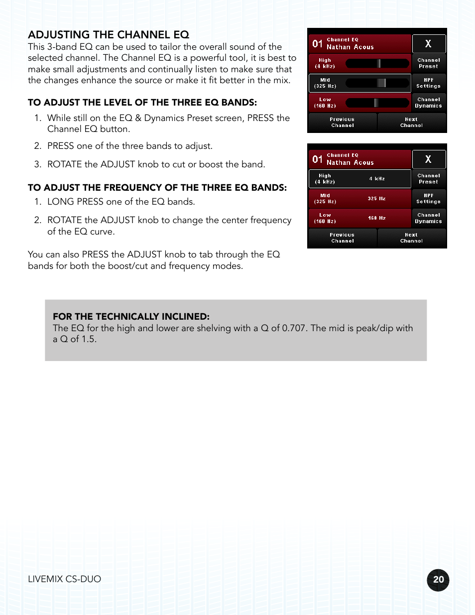 Adjusting the channel eq | Digital Audio Labs Livemix CS-DUO Personal Mixer User Guide User Manual | Page 22 / 51