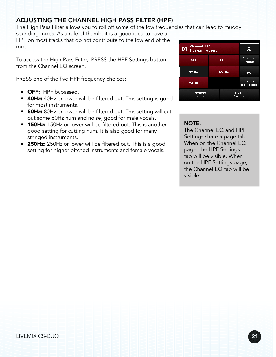 Adjusting the channel high pass filter (hpf) | Digital Audio Labs Livemix CS-DUO Personal Mixer User Guide User Manual | Page 23 / 51